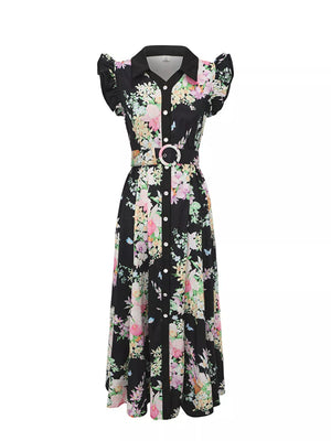 Black floral midi dress with ruffle sleeves, collar, buttons, and a belted waist.