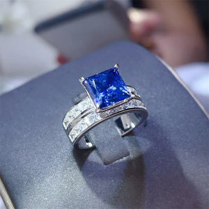ring in sapphire blue featuring 3 carat moissanite and band fit