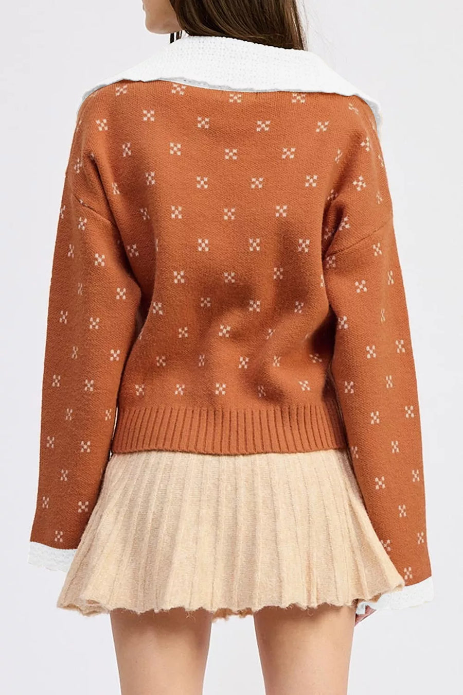 preppy cardigan in Terracotta with peter pan collar