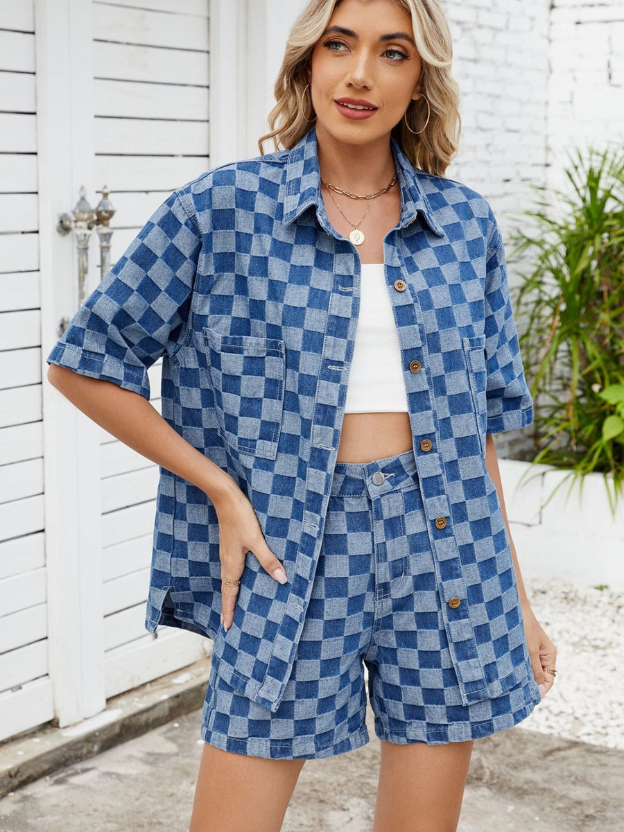 Denim co-ord set with blue checkerboard pattern, short sleeve shirt and shorts.