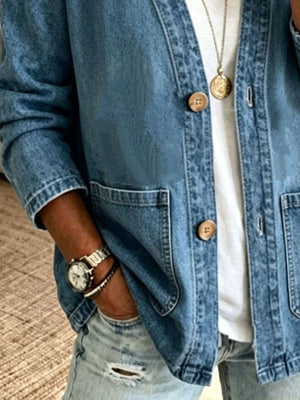 V-Neck Button-Down Denim Jacket in light blue with button-front