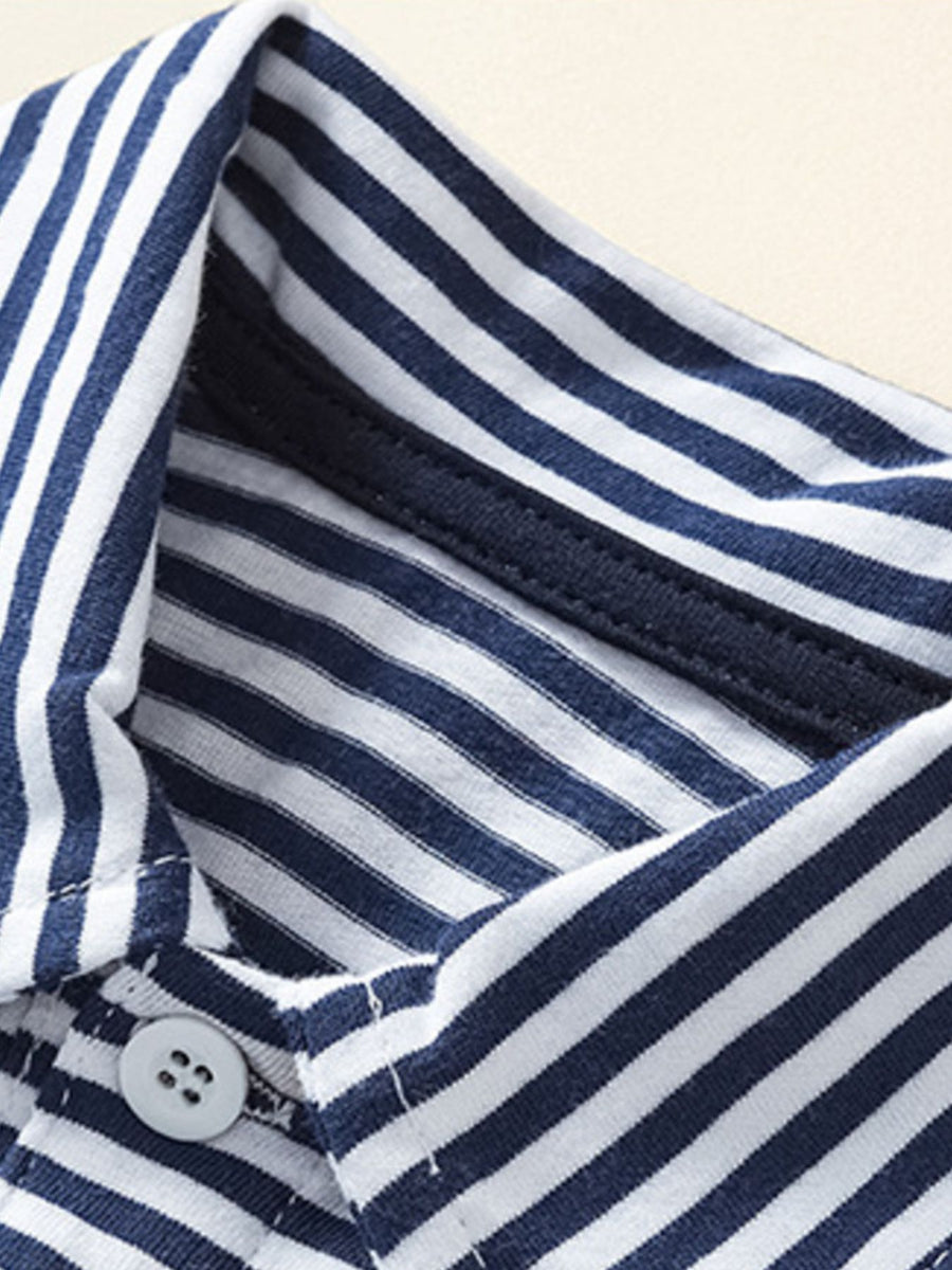 Toddler polo shirt with navy and white stripes, featuring a button closure and comfortable cotton fabric.