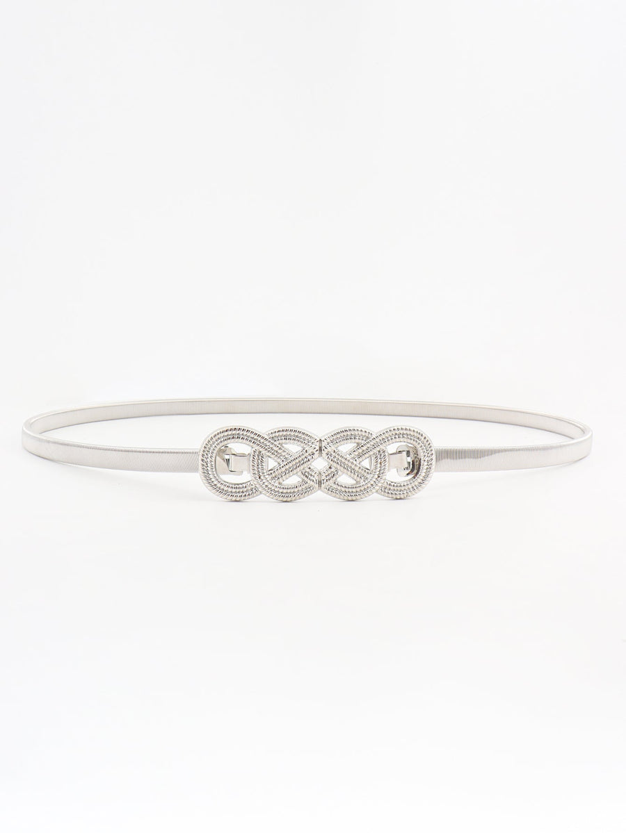 Silver metal belt with intertwined knot detail and elastic band