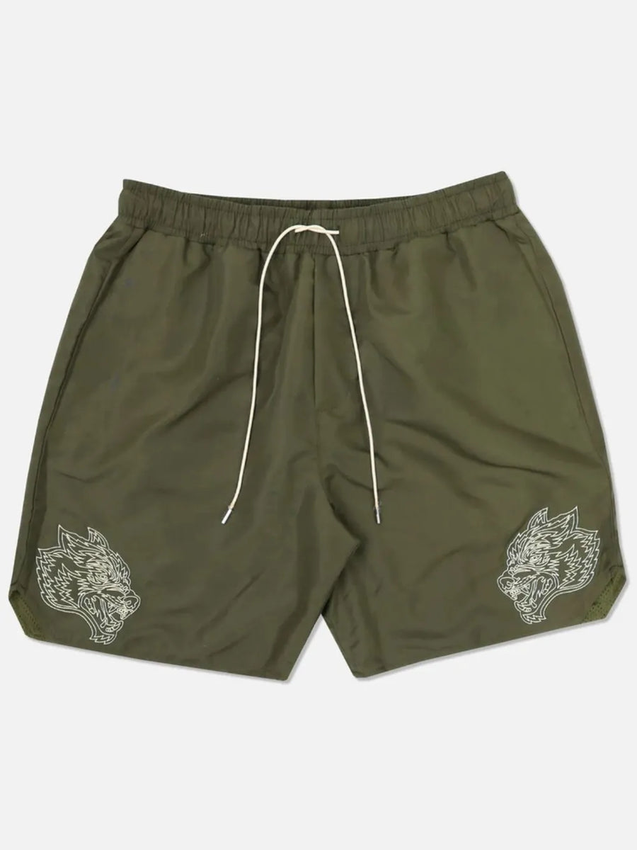 Army green performance shorts with embroidered wolf heads and white drawstring.