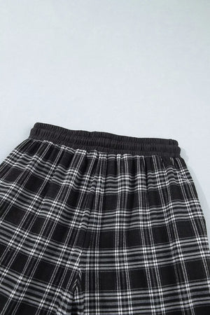 Plaid Wide-leg Drawstring Pants in Black