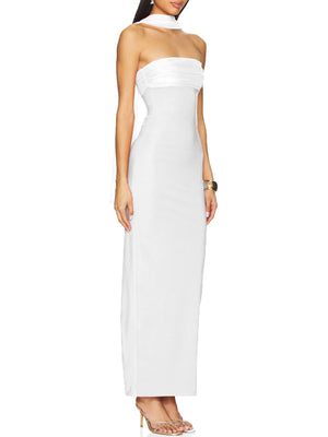 White ruched strapless maxi dress with a draped neckline detail.