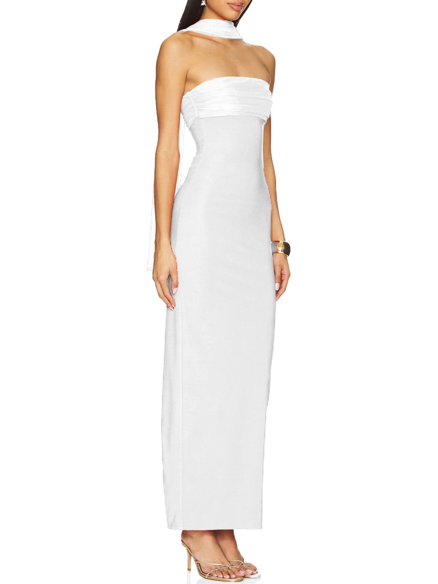 White ruched strapless maxi dress with a draped neckline detail.