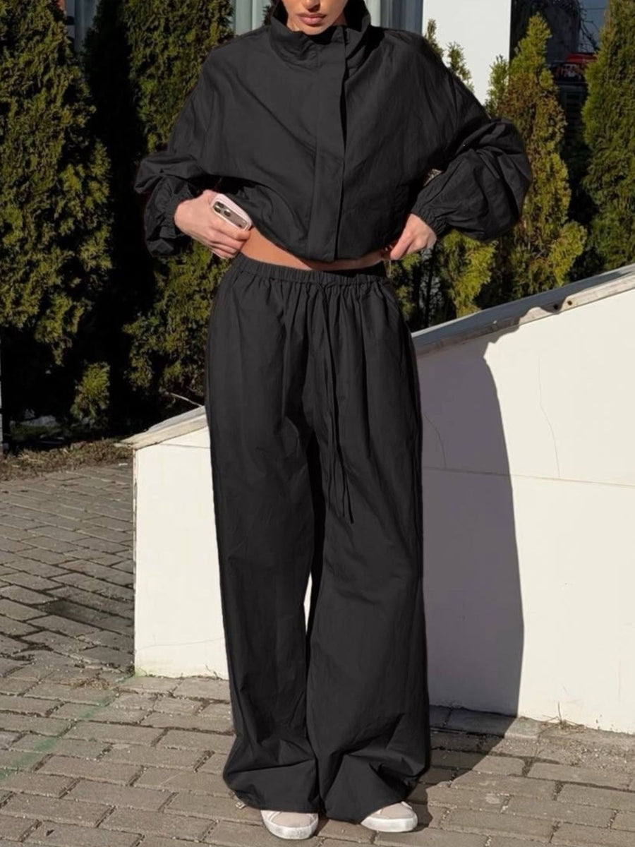 matching set in black featuring ruched and relaxed fit