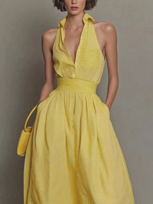 Yellow maxi dress featuring pocketed and striped