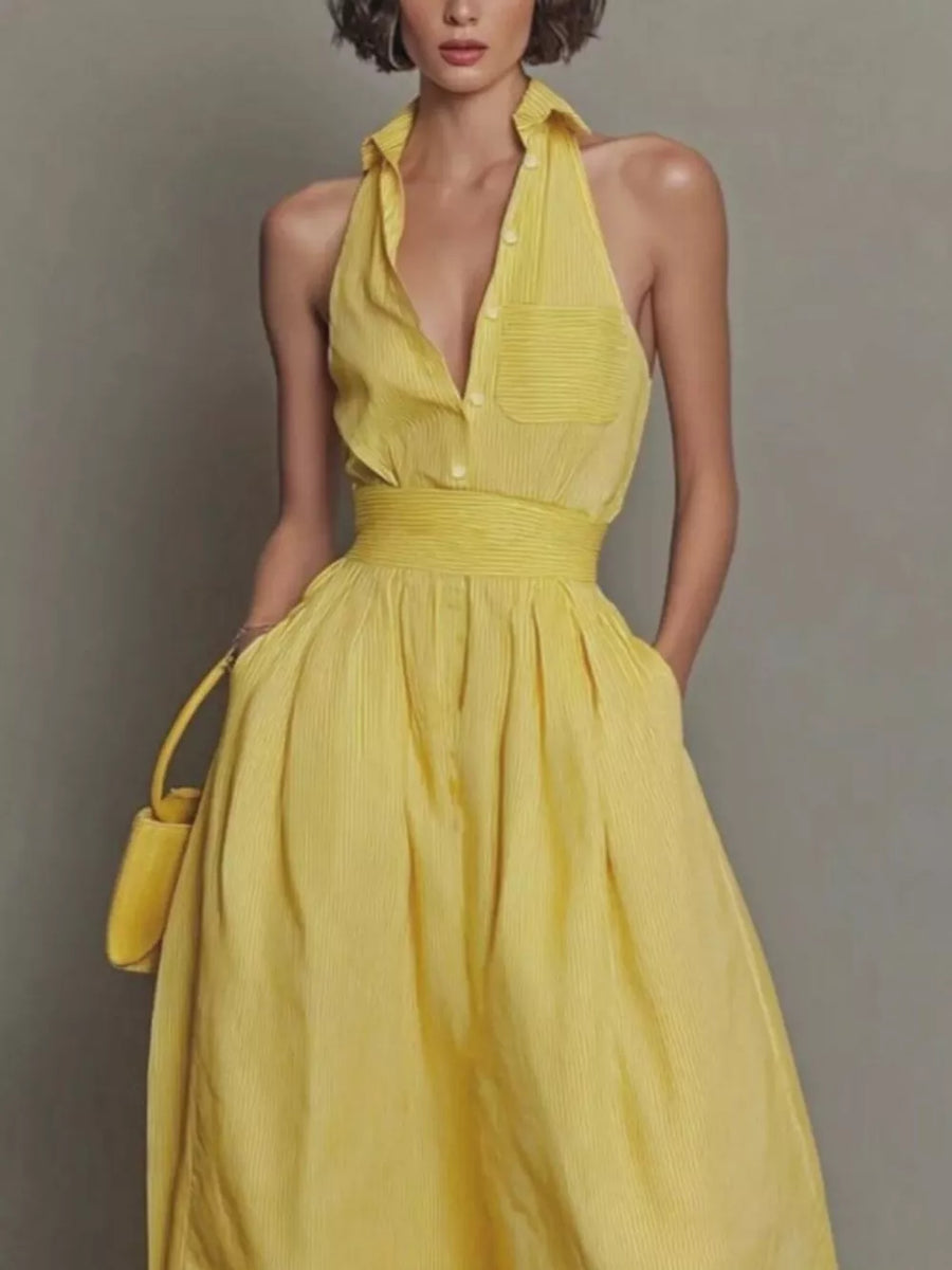 Yellow maxi dress featuring pocketed and striped