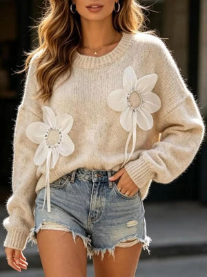 beige pullover sweater with floral and crew neck