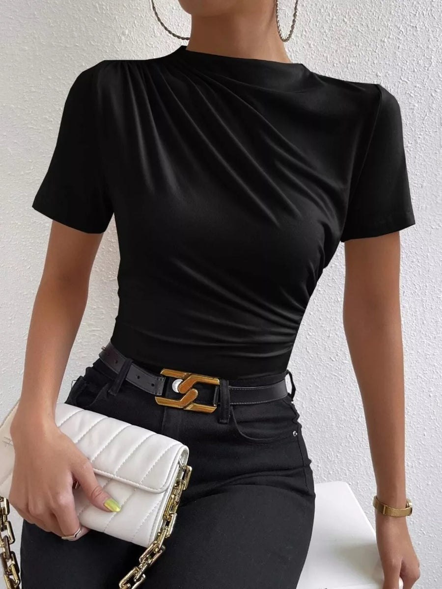 Black ruched mock neck t-shirt with draped detail and short sleeves.