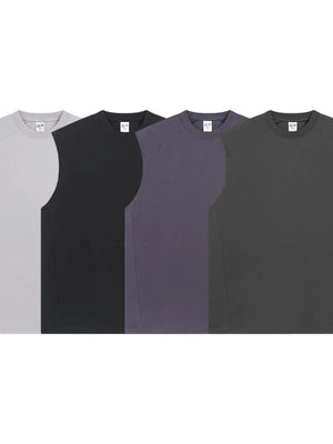 Boxy shoulder cut tank tops in light gray, black, mauve, and dark gray.