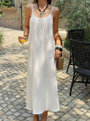White with Flowy Spaghetti Strap Midi Dress in White