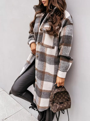 overcoat featuring plaid in brown with 95%polyester, 5%spandex Care instructions: Machine wash cold texture