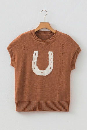 rust pullover sweater with ribbed hem and short sleeve