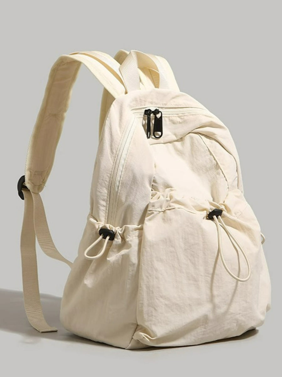 Off-white lightweight nylon backpack with drawstring pockets and adjustable straps.