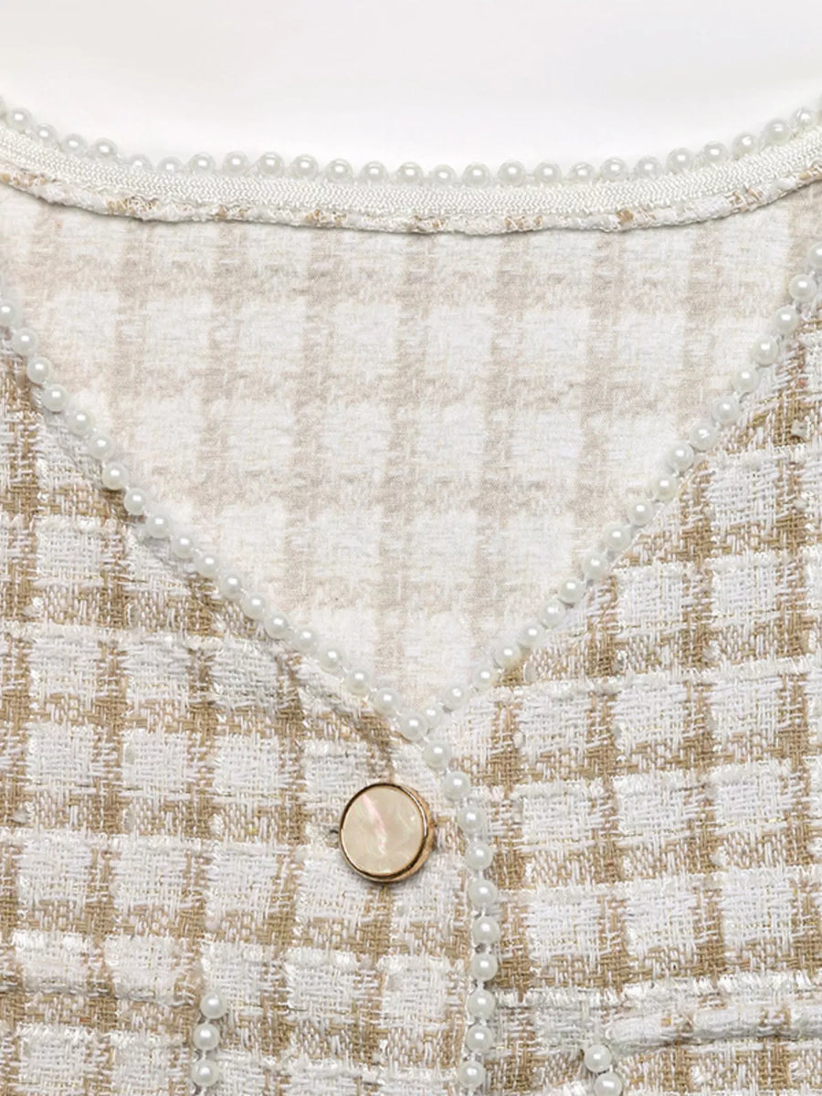 Apricot tweed jacket with pearl trim and button detail
