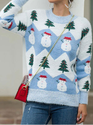 light blue pullover sweater featuring dropped shoulder and novelty print