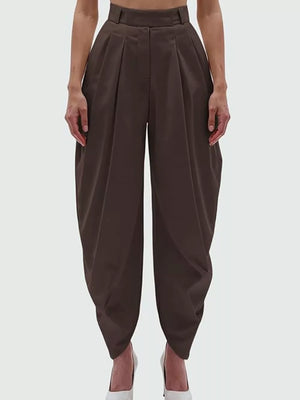 Deep Khaki High-waisted Pleated Drape Pants