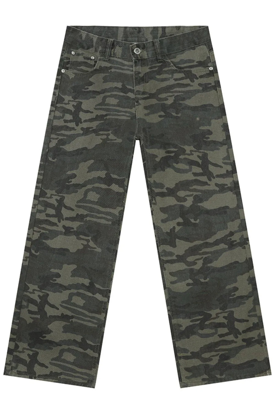 Camouflage wide-leg denim trousers in Army Green with a relaxed fit.