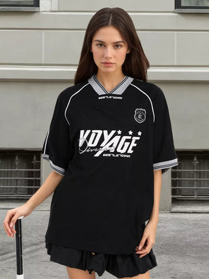 black t-shirt with graphic and v-neck