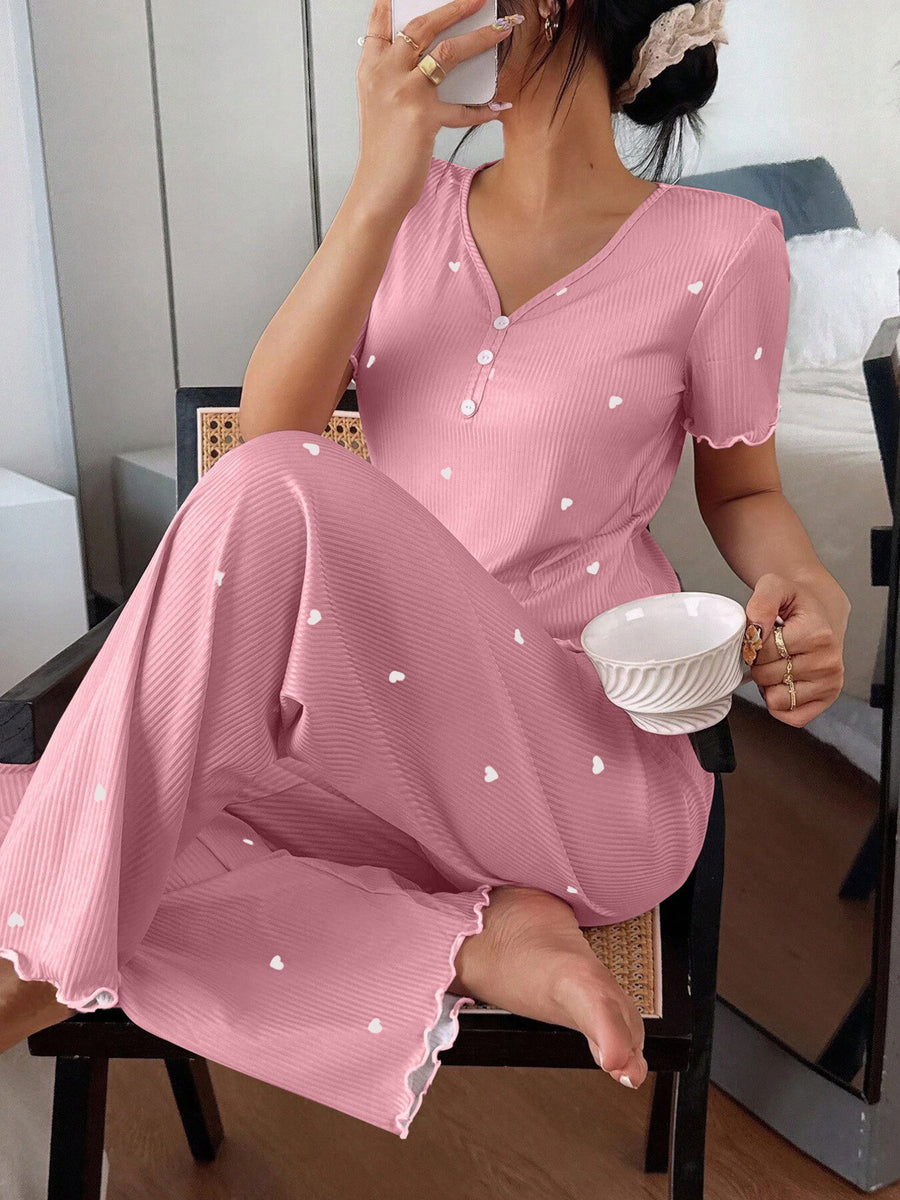Blue pajama set featuring ribbed and heart-print
