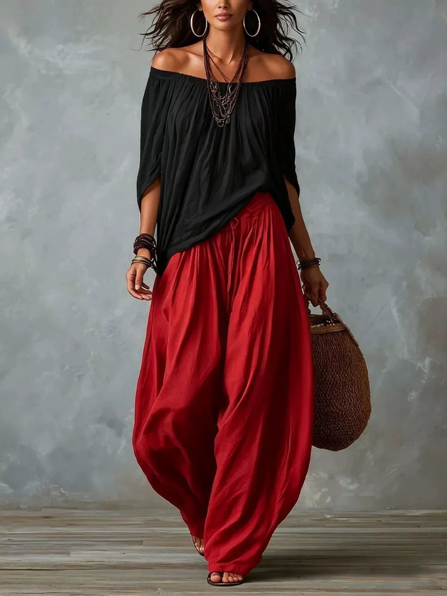 bohemian off-shoulder top in Red Black with off-shoulder
