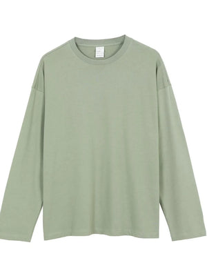 Relaxed shoulder drop tee in sage green, long sleeve, crew neck, casual basic t-shirt.