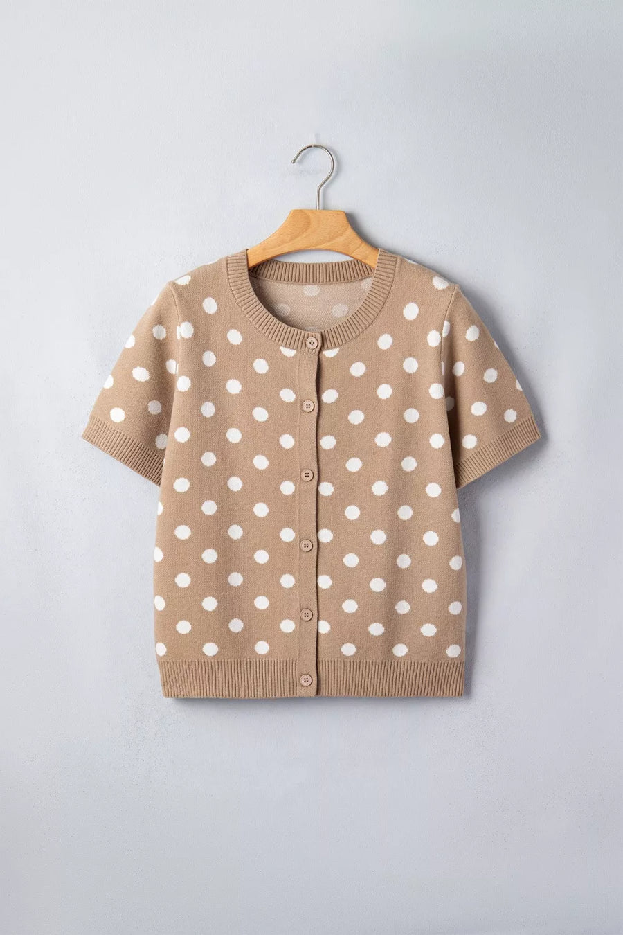 Camel polka dot short sleeve button-down cardigan with crew neck.