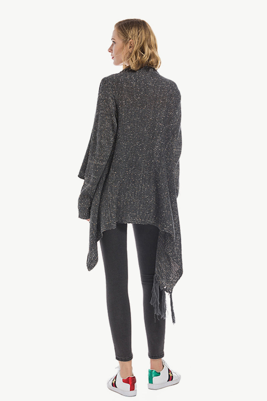 Dark gray asymmetric fringe knit cardigan with button closure and waterfall hem.