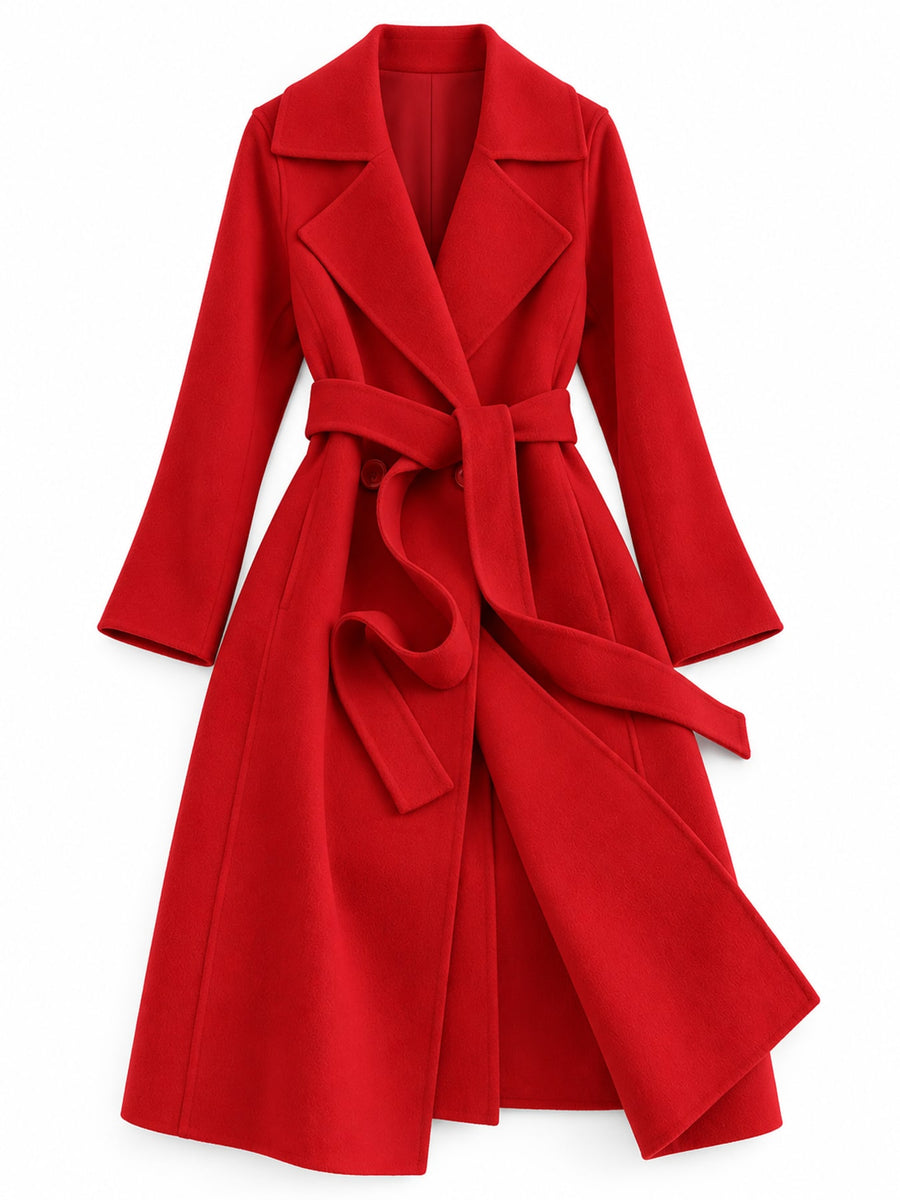 Longline Wool Coat With Belt in Brick Red