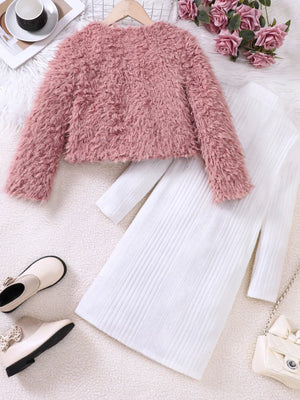 Dusty pink faux fur jacket and white ribbed dress set for baby girls.