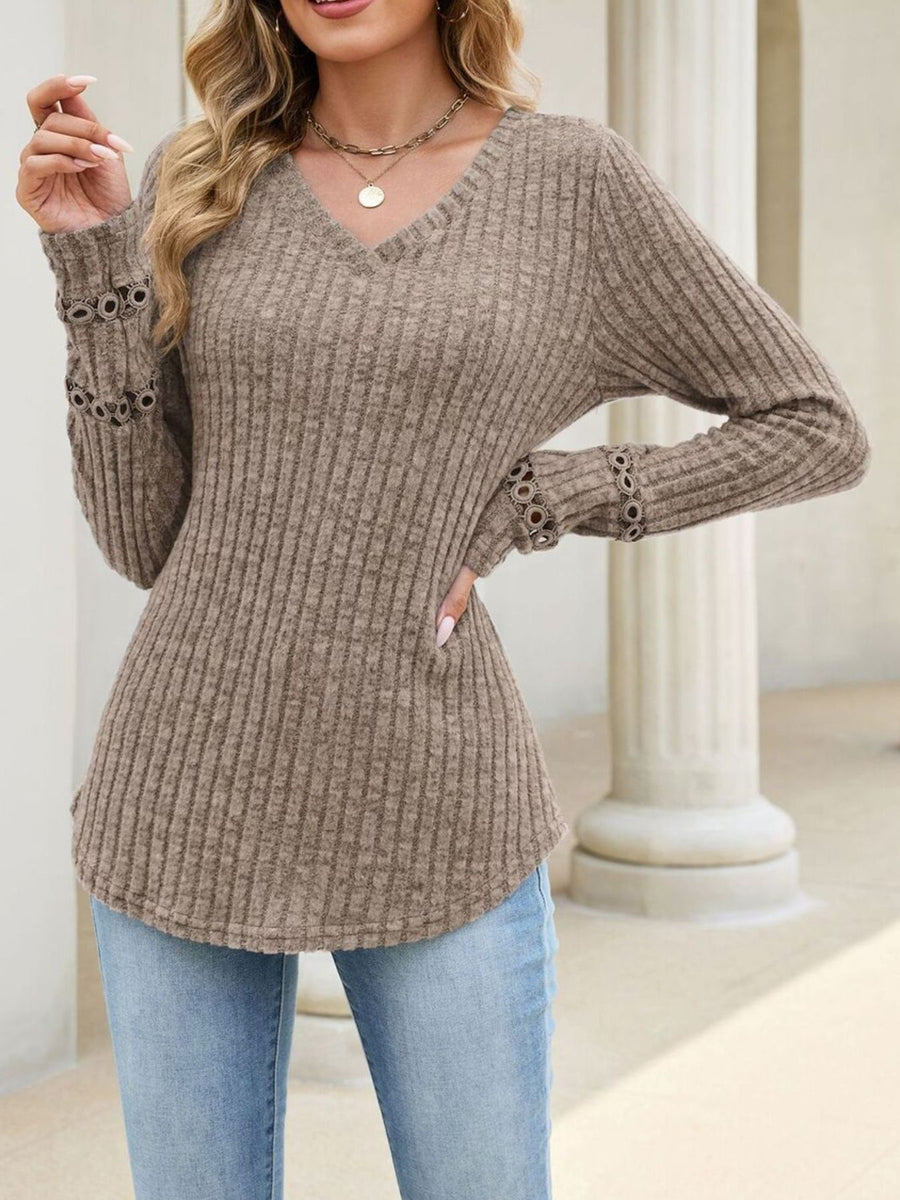 Light Gray v-neck sweater with lace detail and long sleeve