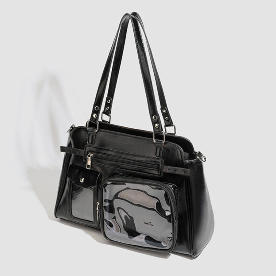 PU Leather Imported Size & handbag in Black with boxy silhouette