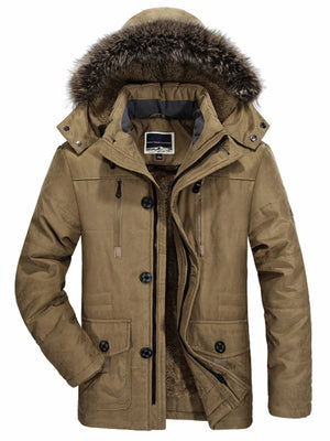 Khaki faux fur hooded parka with button and zipper closure, fur lining visible.