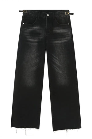 Faded wash wide leg jeans in dark denim with adjustable buckle detail and raw hem.