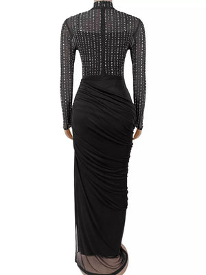 Black maxi dress with ruched and long sleeve