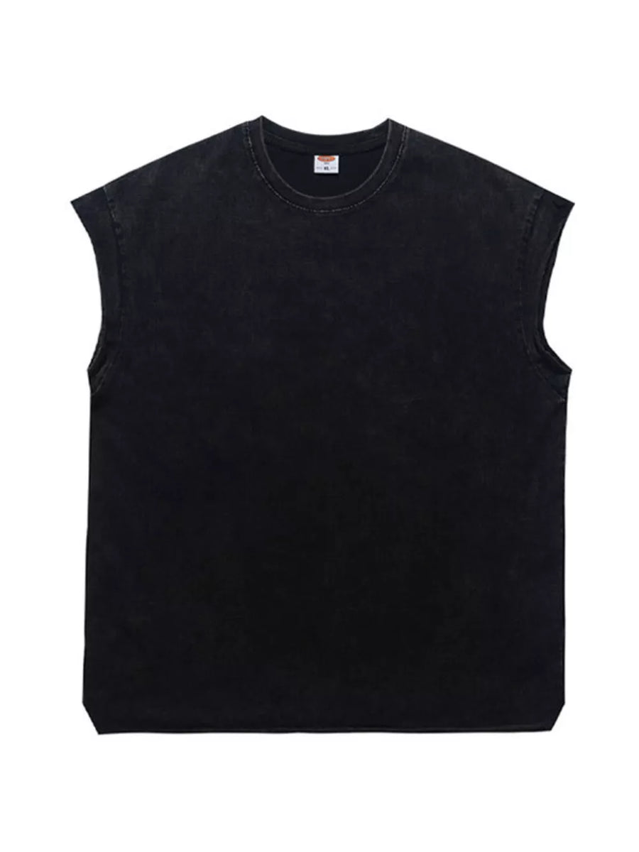 Black distressed relaxed fit men's tank top with crew neck and sleeveless cut.