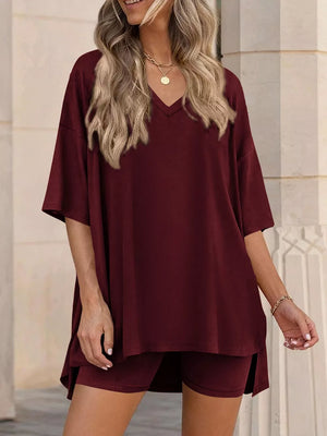 Burgundy V-neck two-piece set with oversized top and shorts, casual women's outfit