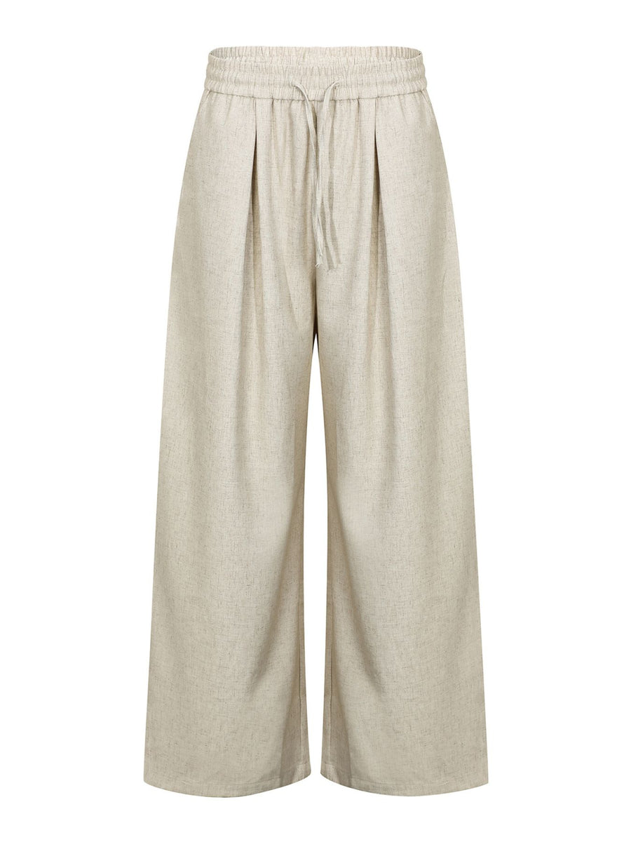 black wide-leg pants with full-length and drawstring, elastic