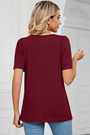 Burgundy tee with sculpted short sleeves and square neck, casual basic top