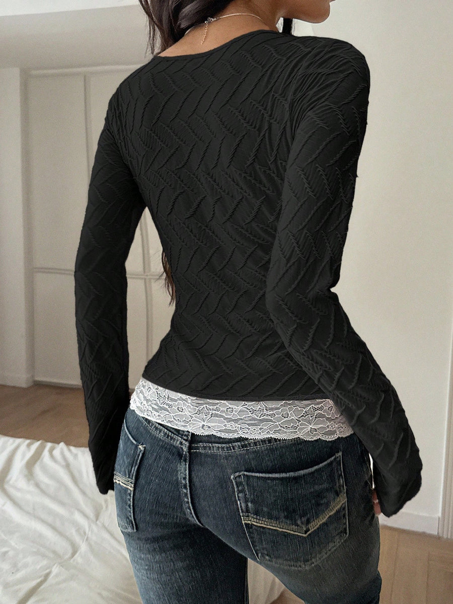 t-shirt featuring geometric in Black with 100% polyester Care instructions: Machine wash cold texture