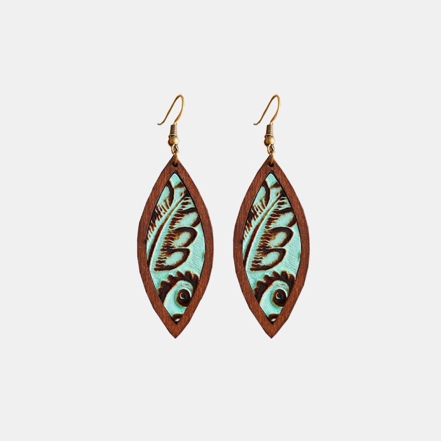 Tooled leather and wood drop earrings with turquoise inlay and leaf pattern