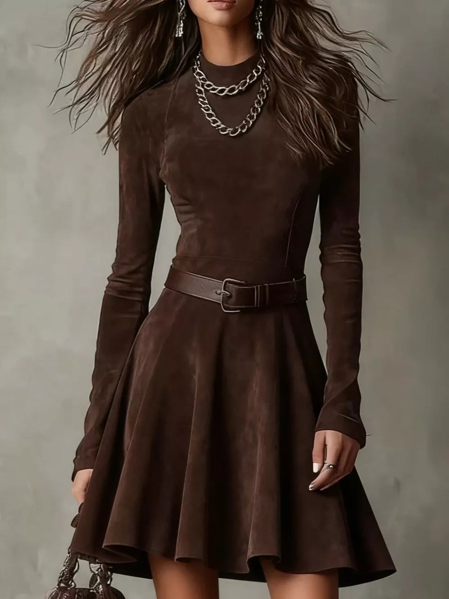 95% polyester, 5% elastane Care instructions: Machine wash cold A-line dress in Dark Brown with A-line silhouette