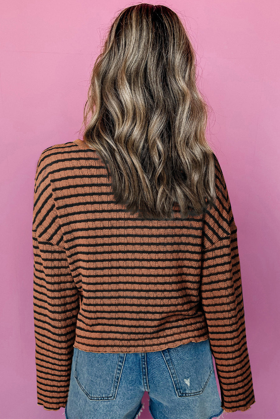 Textured Henley stripe knit top in caramel with black stripes, crew neck, long sleeves.