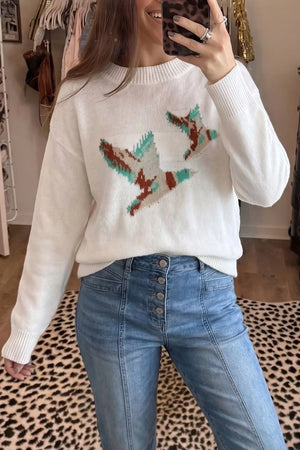ivory pullover sweater with animal motif and crew neck