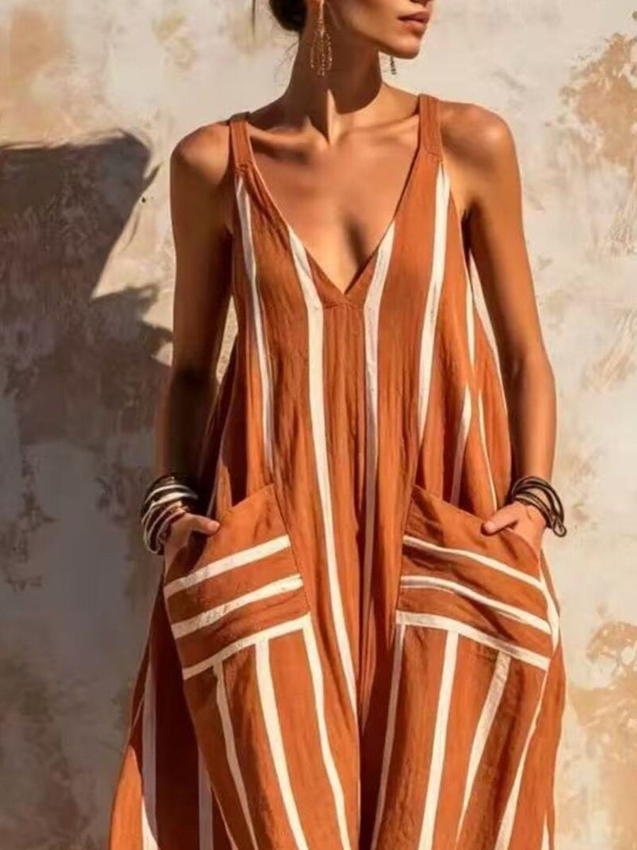 white jumpsuit featuring pocketed and striped