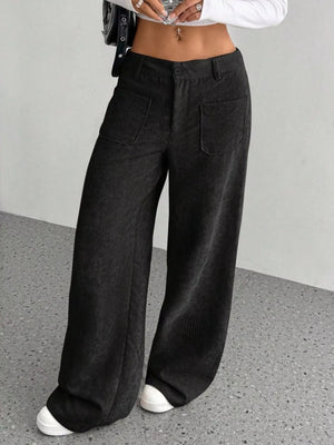 Black corduroy wide-leg trousers with front pockets and a comfortable fit.