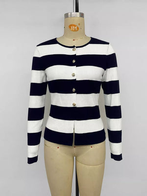 white cardigan with button-front and striped